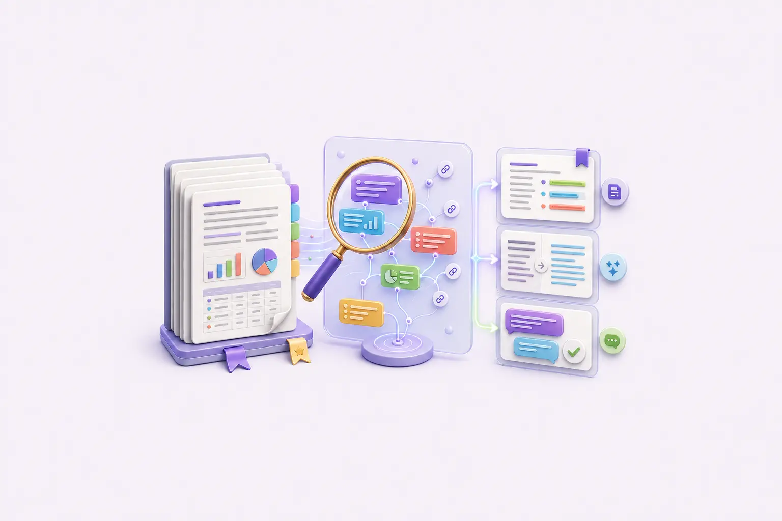 A stack of reports flows through a magnifying lens and evidence map into a summary, rewritten page, and answered questions