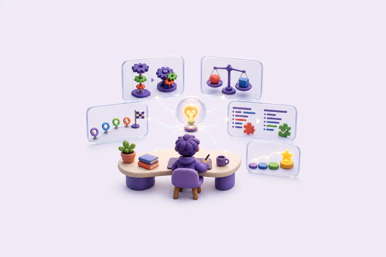 A learner receives connected help panels for explaining gears, comparing choices, planning milestones, debugging code, and following steps