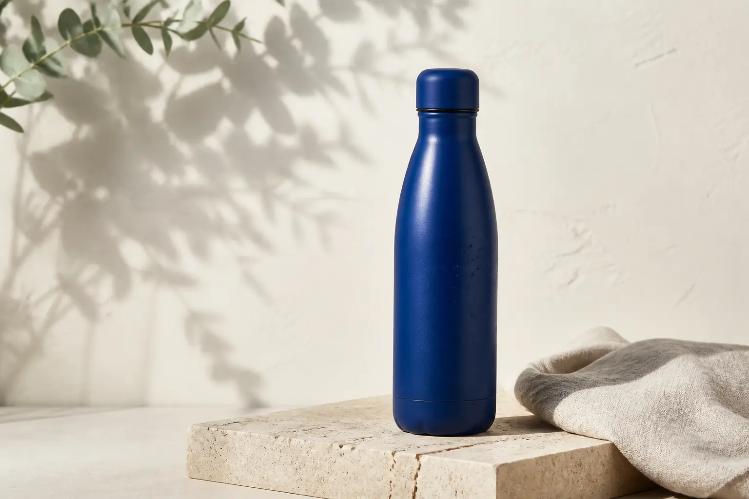 A cobalt blue insulated bottle photographed on travertine with natural linen and soft botanical shadows