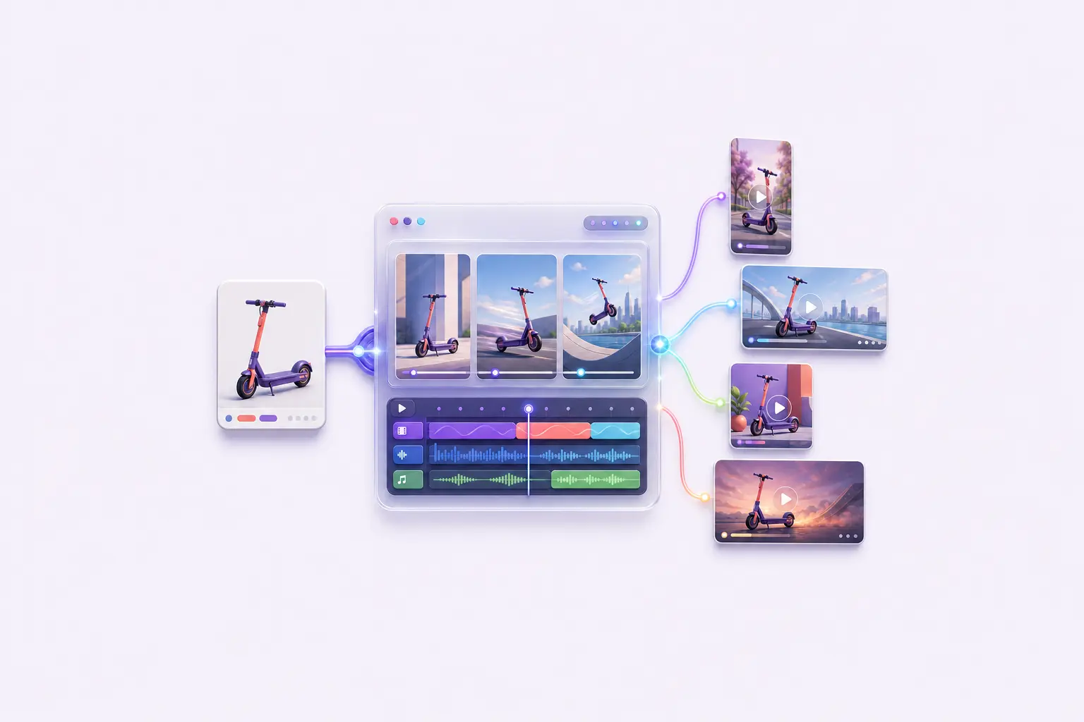 A scooter source image moves through a storyboard and editing timeline into vertical, square, and widescreen video clips