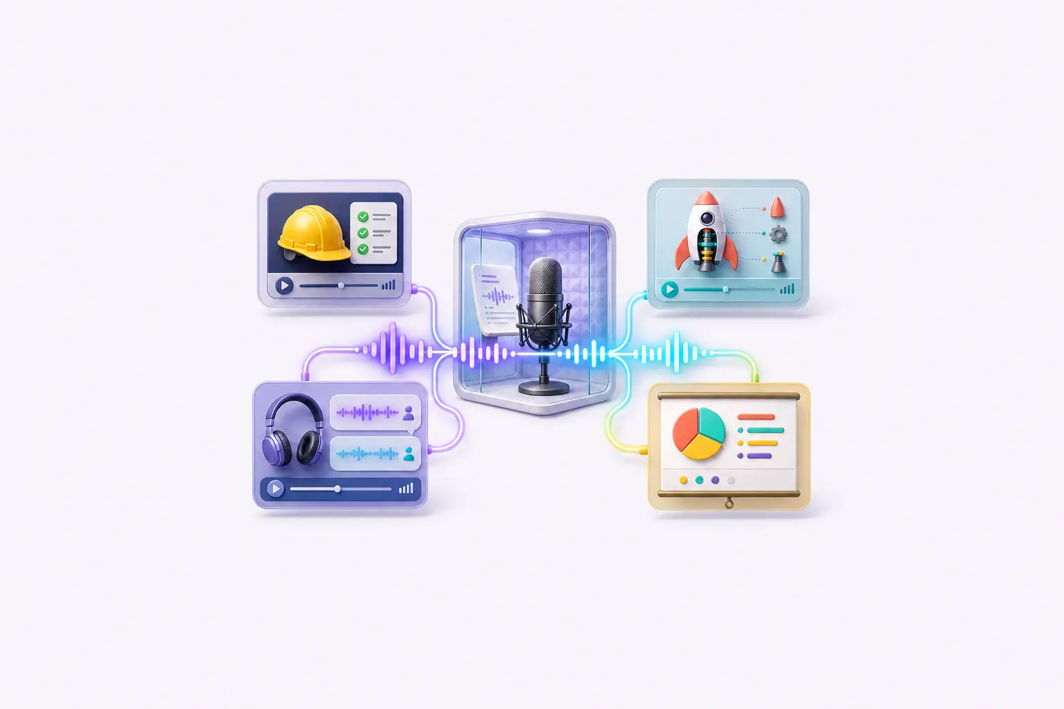 A studio microphone sends one colorful voice waveform to training, explainer, podcast, and presentation panels