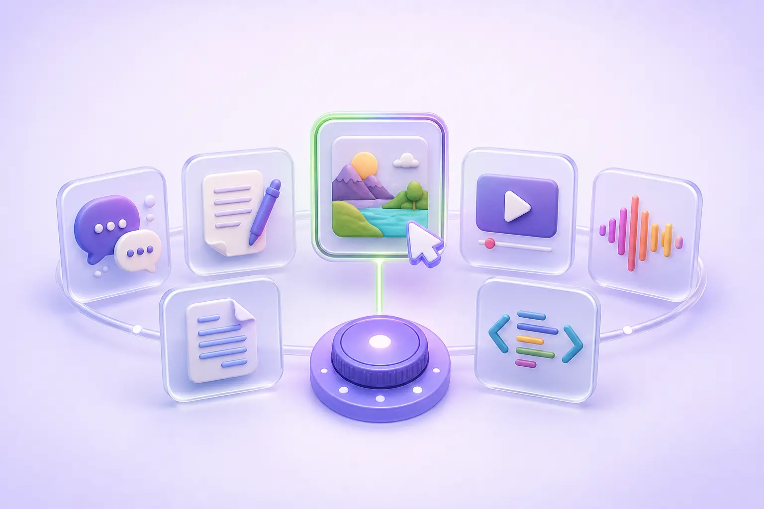 Seven creation modes surround a selection dial while a cursor highlights the image generation mode