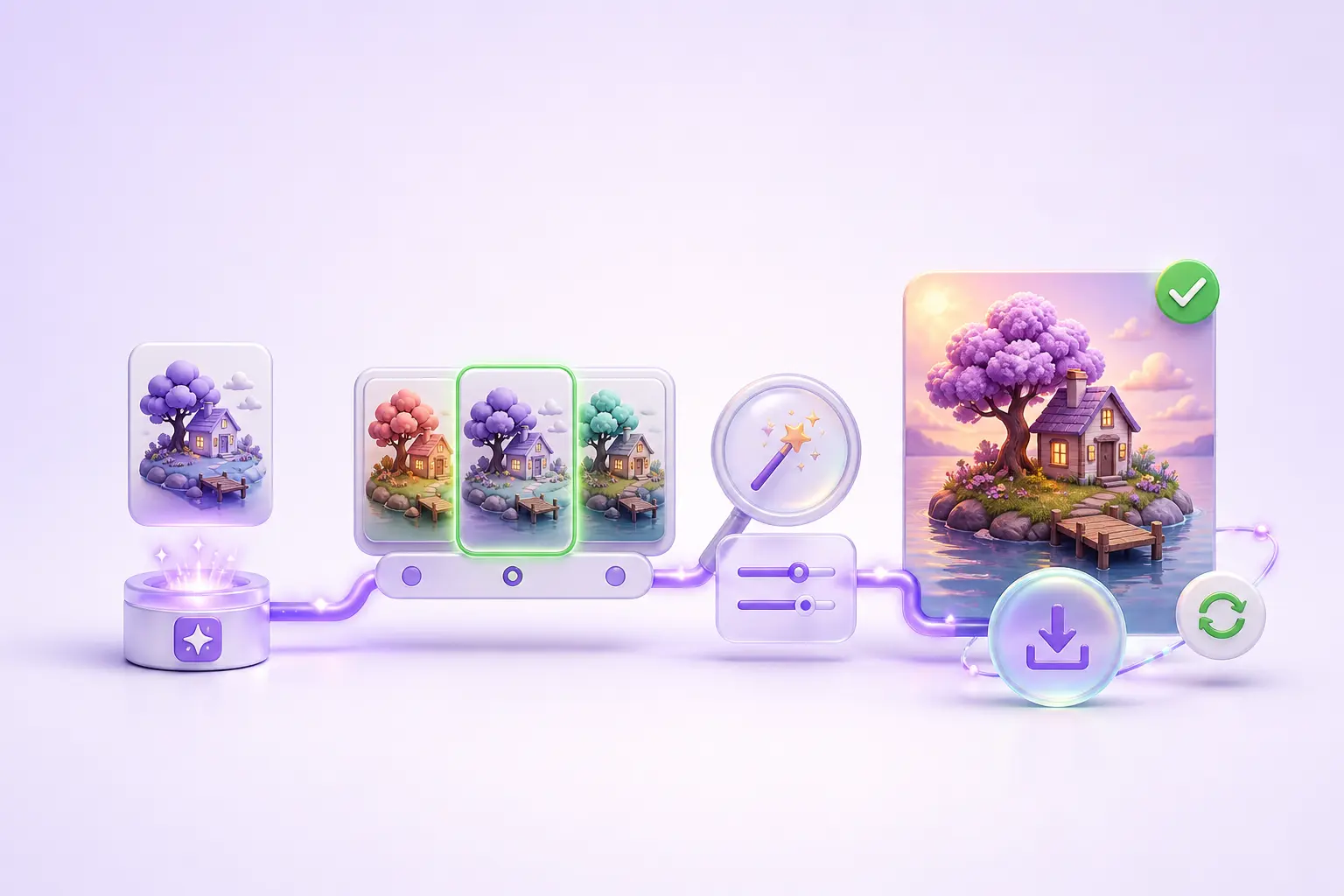 An initial image becomes multiple variations, passes through refinement controls, and emerges ready to download or reuse