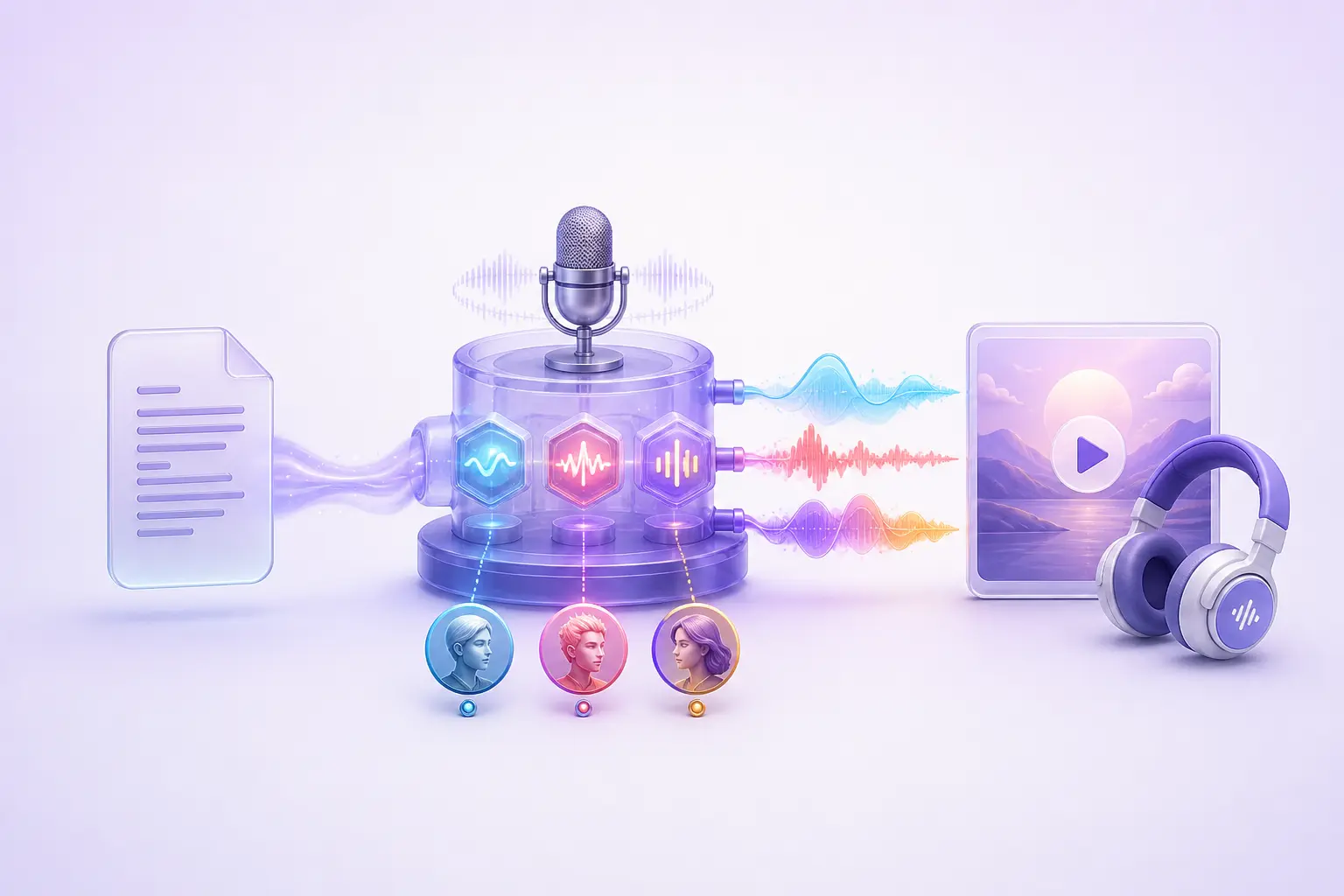 A script enters a three-model voice synthesizer and becomes distinct waveforms, narration, and headphone audio