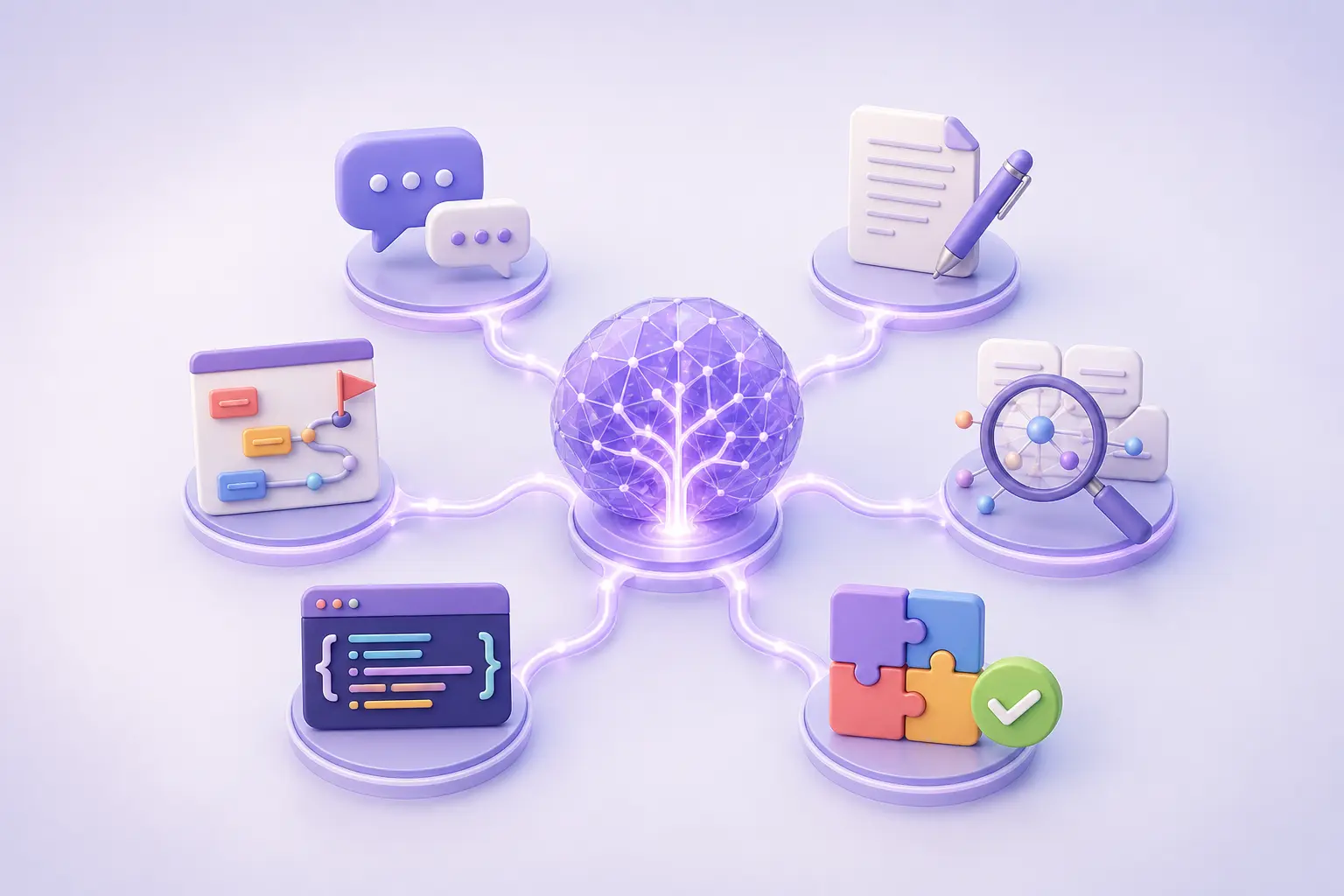 A central AI reasoning tree branches into chat, writing, planning, research, code, and solved-problem artifacts