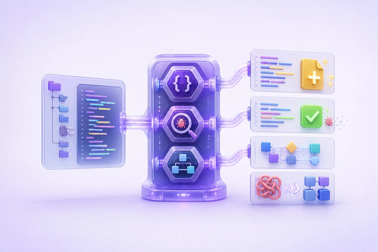 A codebase passes through specialist AI coding models and becomes generated code, a verified fix, an explanation flow, and clean modules