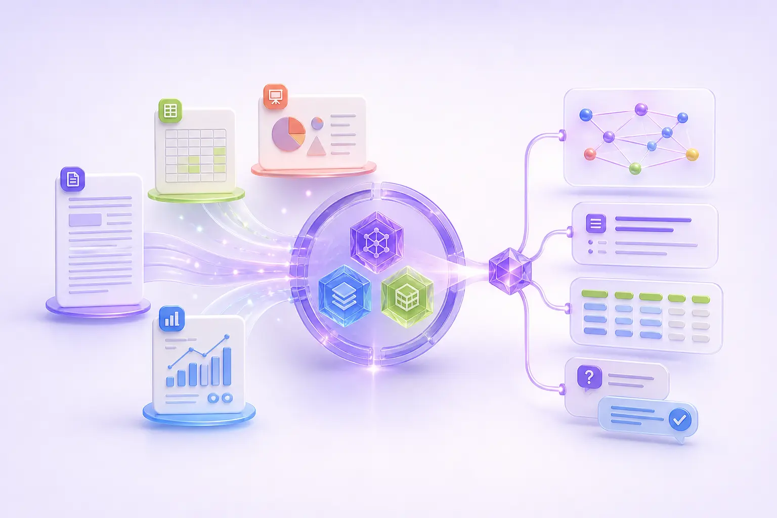 Report, spreadsheet, presentation, and chart files pass through document models into a knowledge map, summary, table, and answers