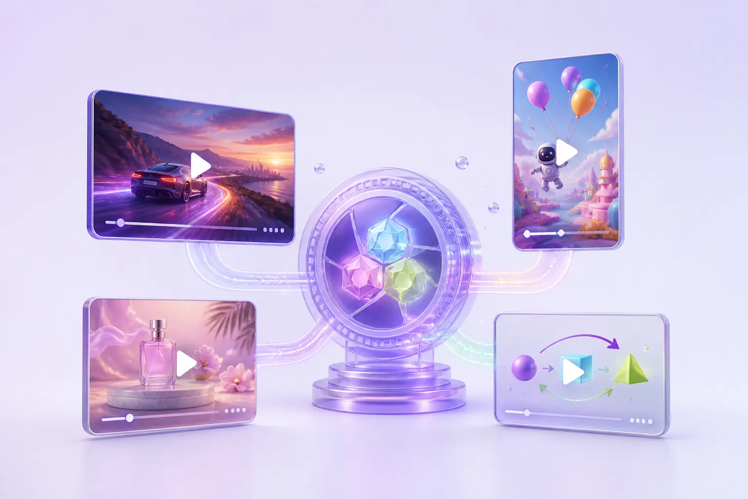 A three-core AI video hub powers cinematic, vertical social, product advertising, and animated explainer clips