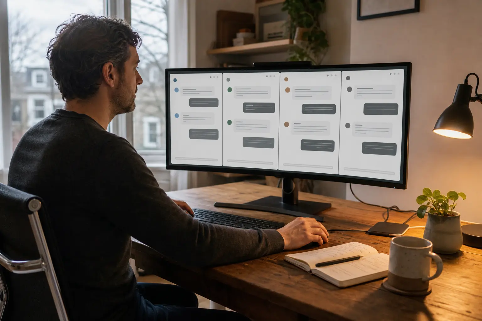 A product strategist compares four AI conversations side by side on an ultrawide monitor in a home office