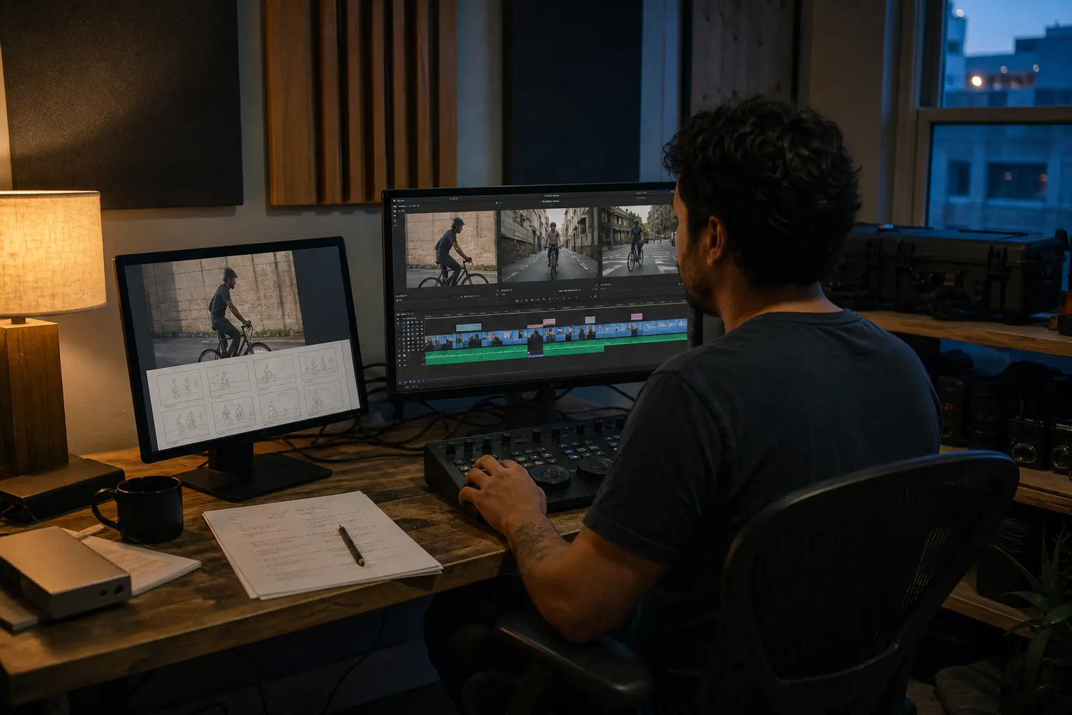 A filmmaker edits a cyclist sequence on two monitors beside a printed script in a compact edit suite
