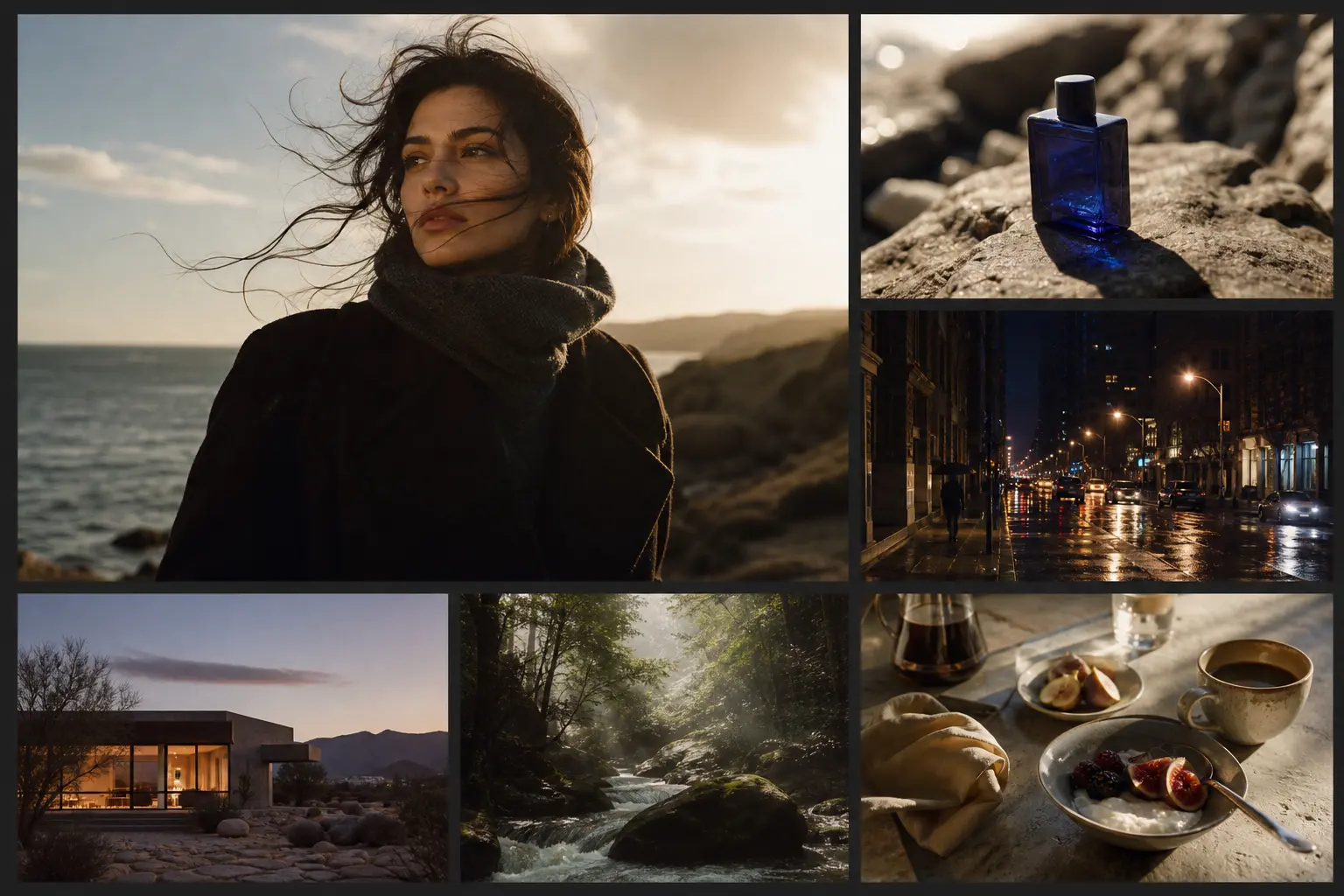 A cinematic collage combines a coastal portrait, fragrance product shot, rainy city, desert home, forest stream, and breakfast still life