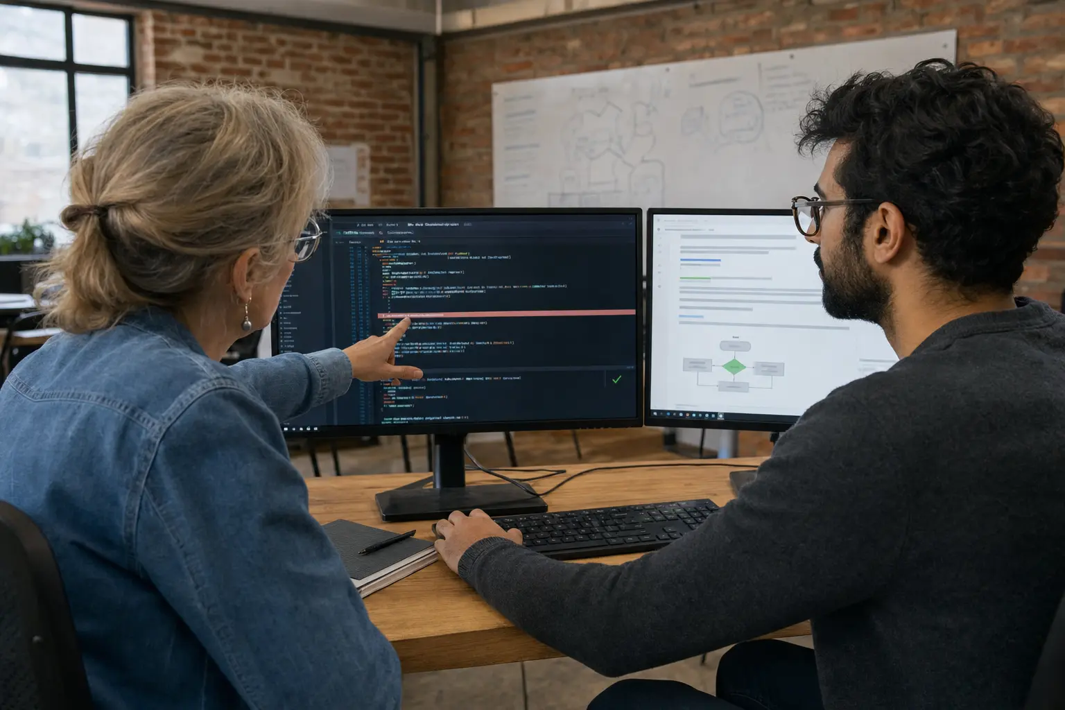 Two developers review a highlighted code error and a clear explanation flow on side-by-side monitors