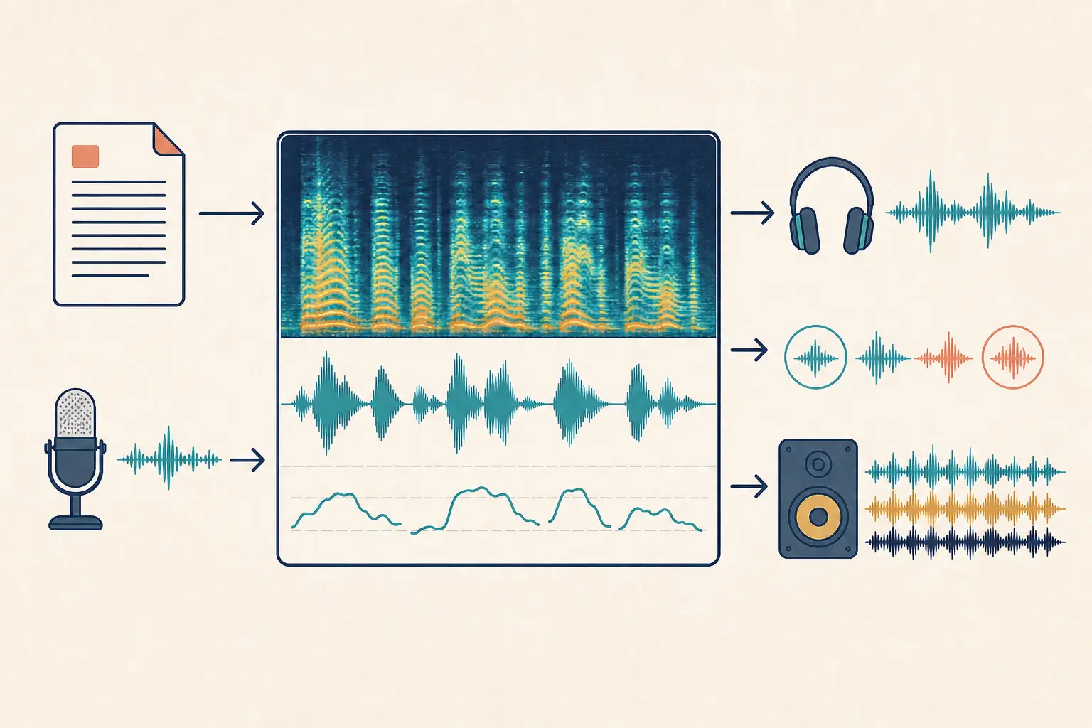 An infographic shows a script and voice sample becoming a spectrogram, waveform, narrated speech, conversational voices, and produced audio