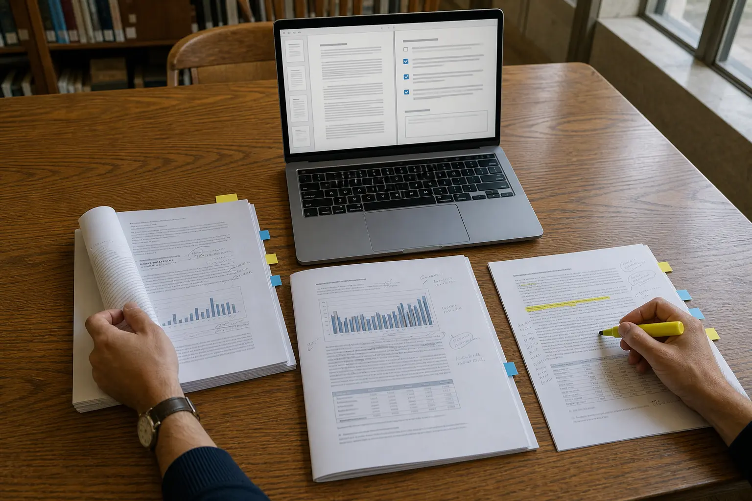An analyst reviews highlighted reports while a laptop displays source pages, a summary, and checked key points