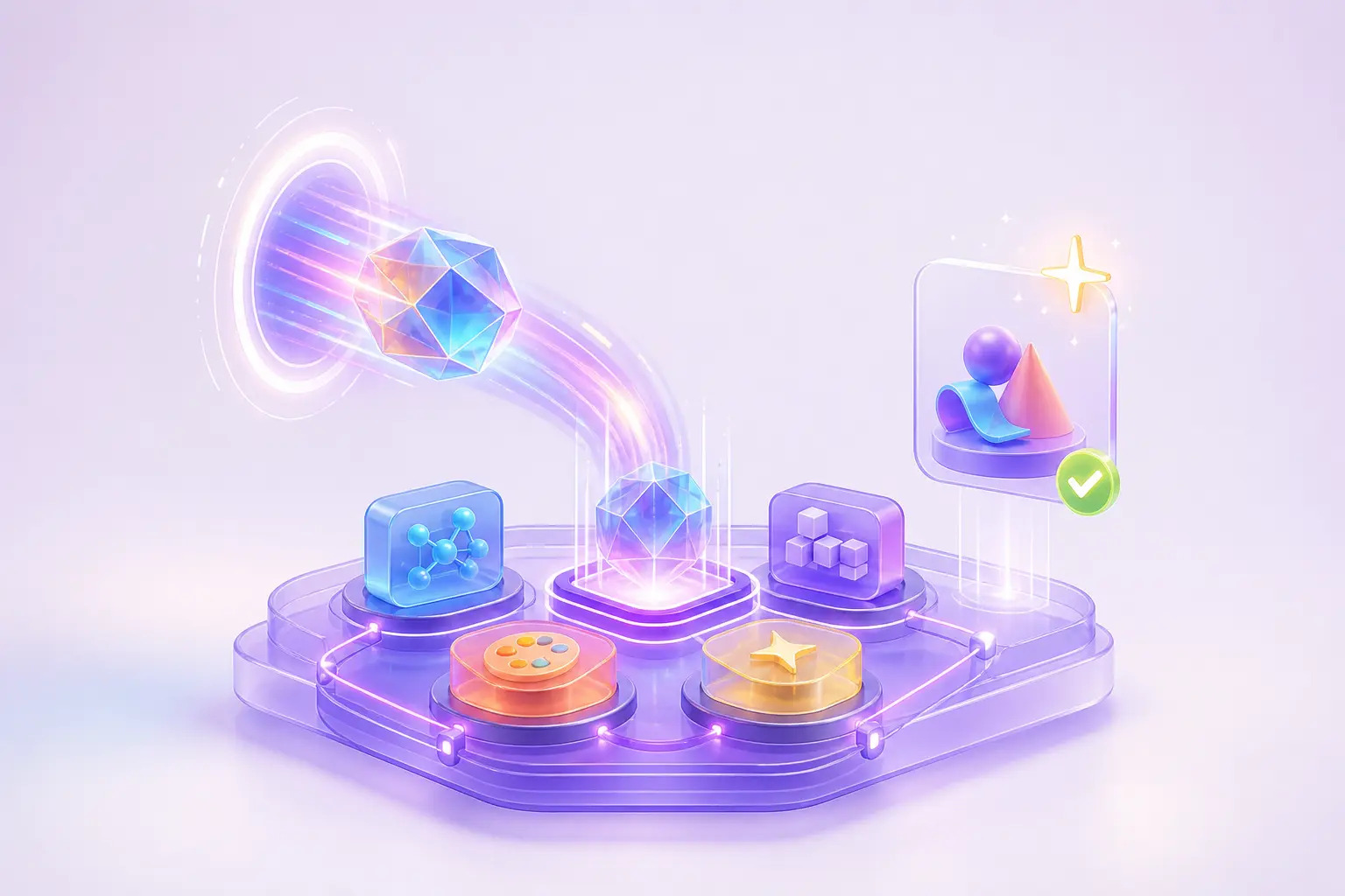 A new iridescent AI model arrives through a portal, docks into TotalMagic, and activates a verified creation tool