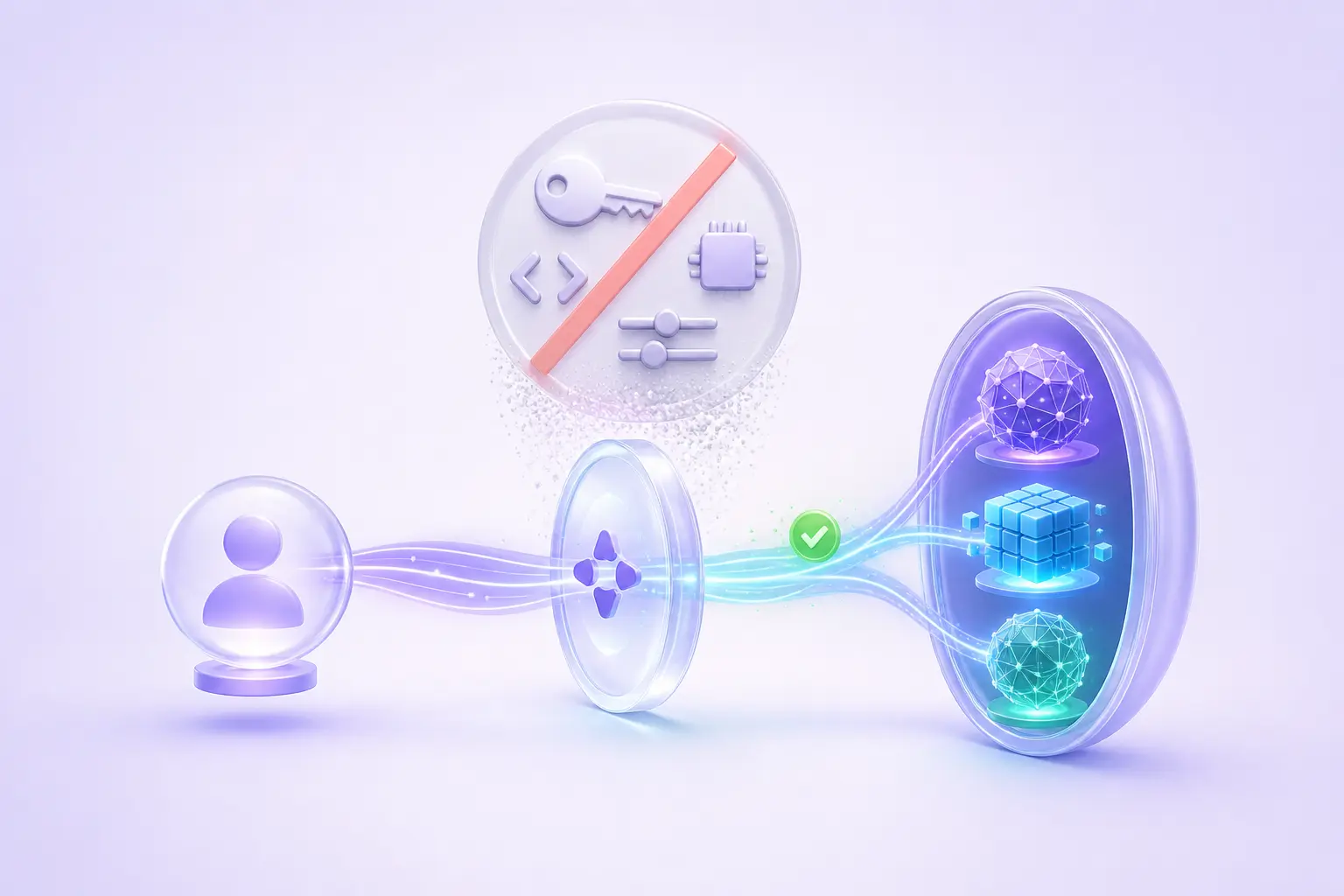 A user connects directly to three AI models while API keys, tokens, code, and configuration controls disappear