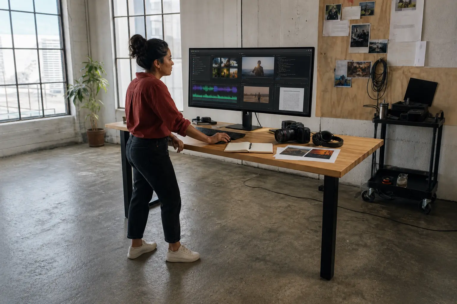 A creative producer manages images, video, audio, documents, and code from one large studio workspace